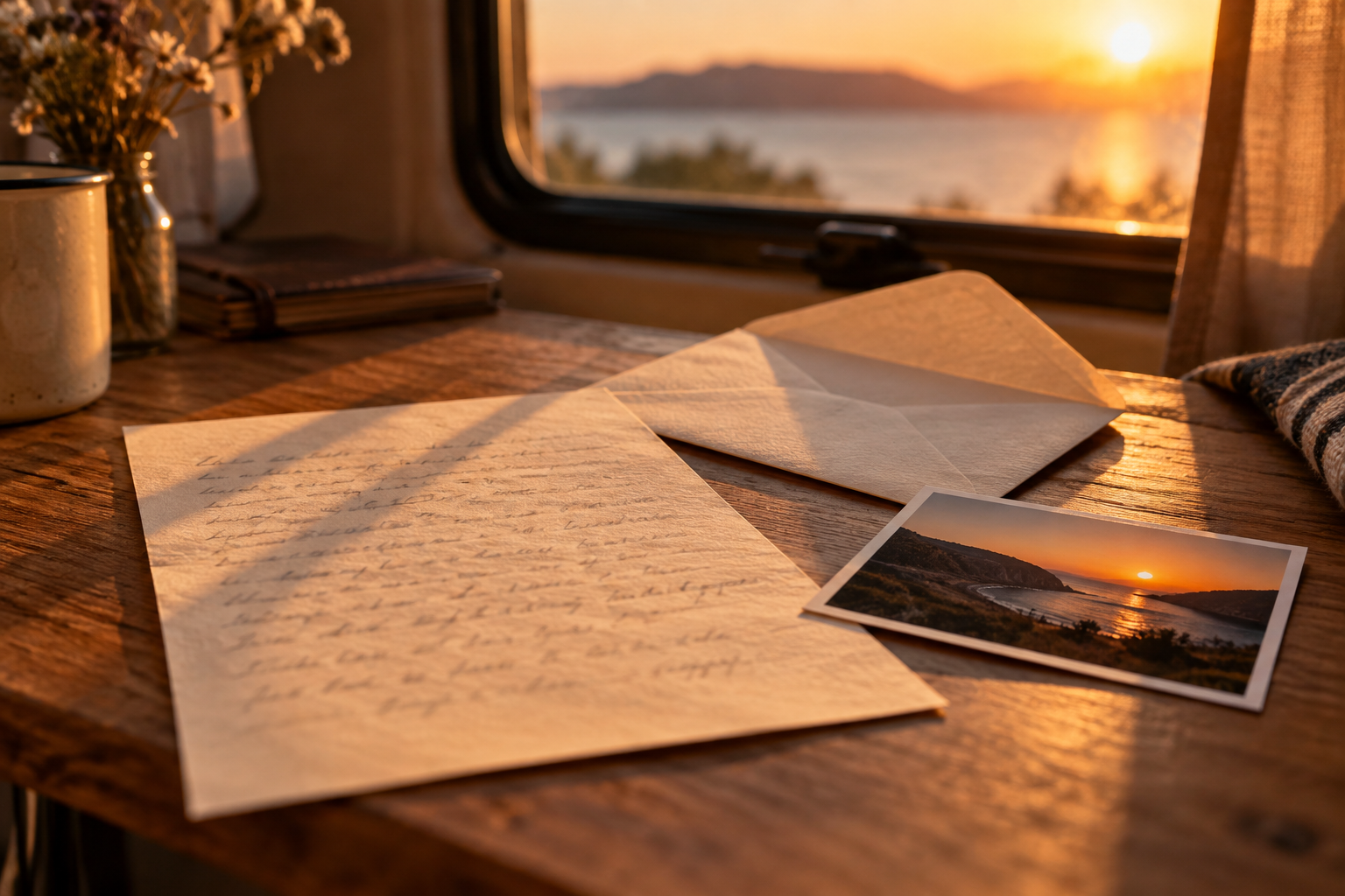 Una carta junto a una ventana iluminada por el atardecer