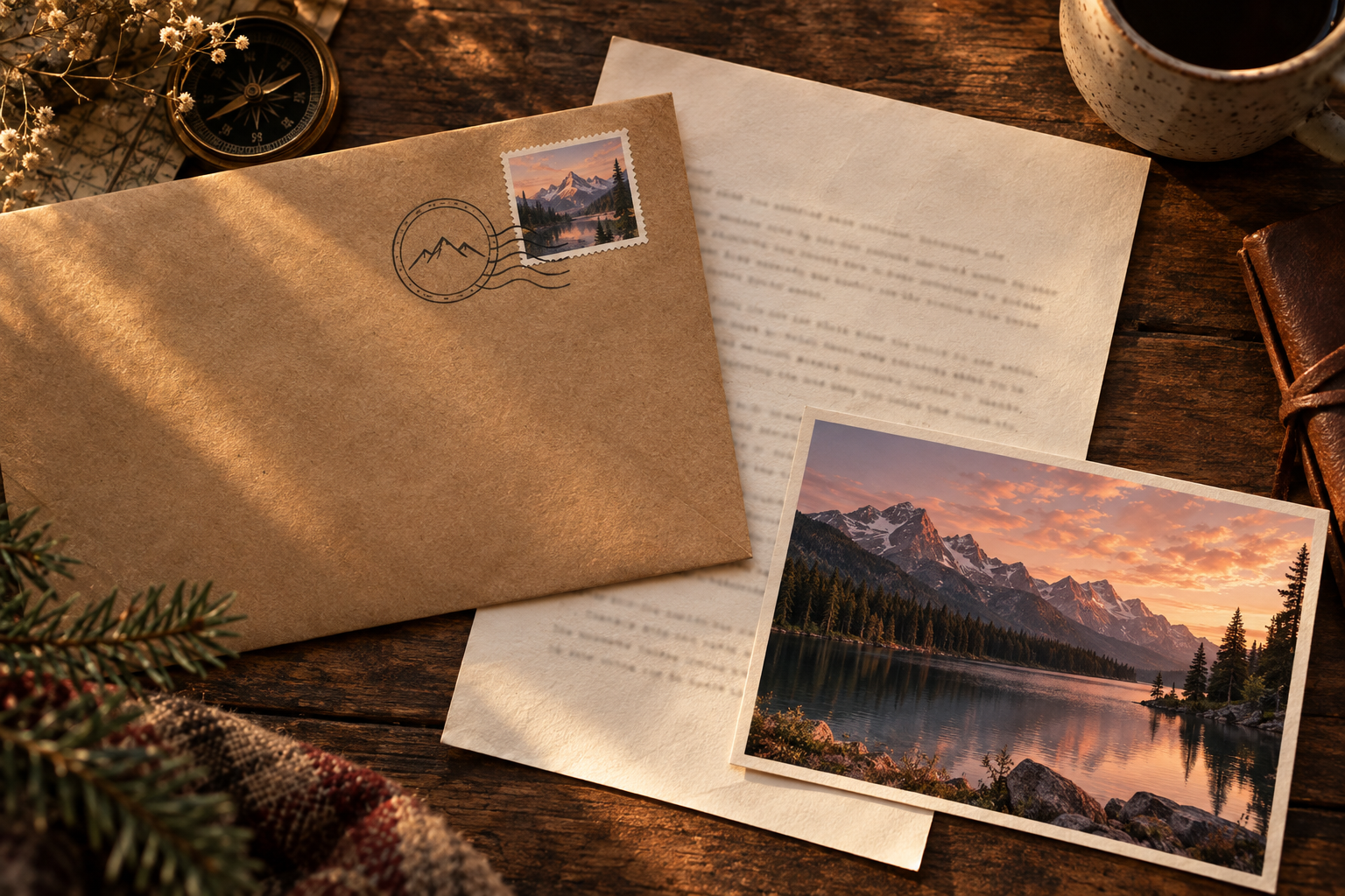 Composición ilustrativa de una carta, un sobre y una postal al atardecer